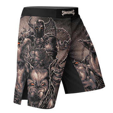 Cerberus Unleashed Fight Shorts – right side mockup