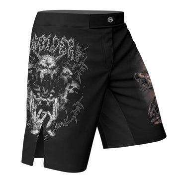 Dark Cerberus Unleashed Fight Shorts – right side mockup