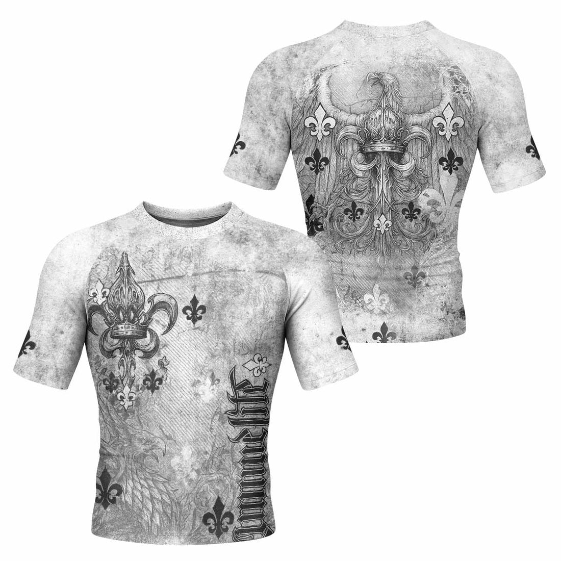 Fleur-de-Lis Rebirth Men's Rash Guard Short Sleeve - front and back view