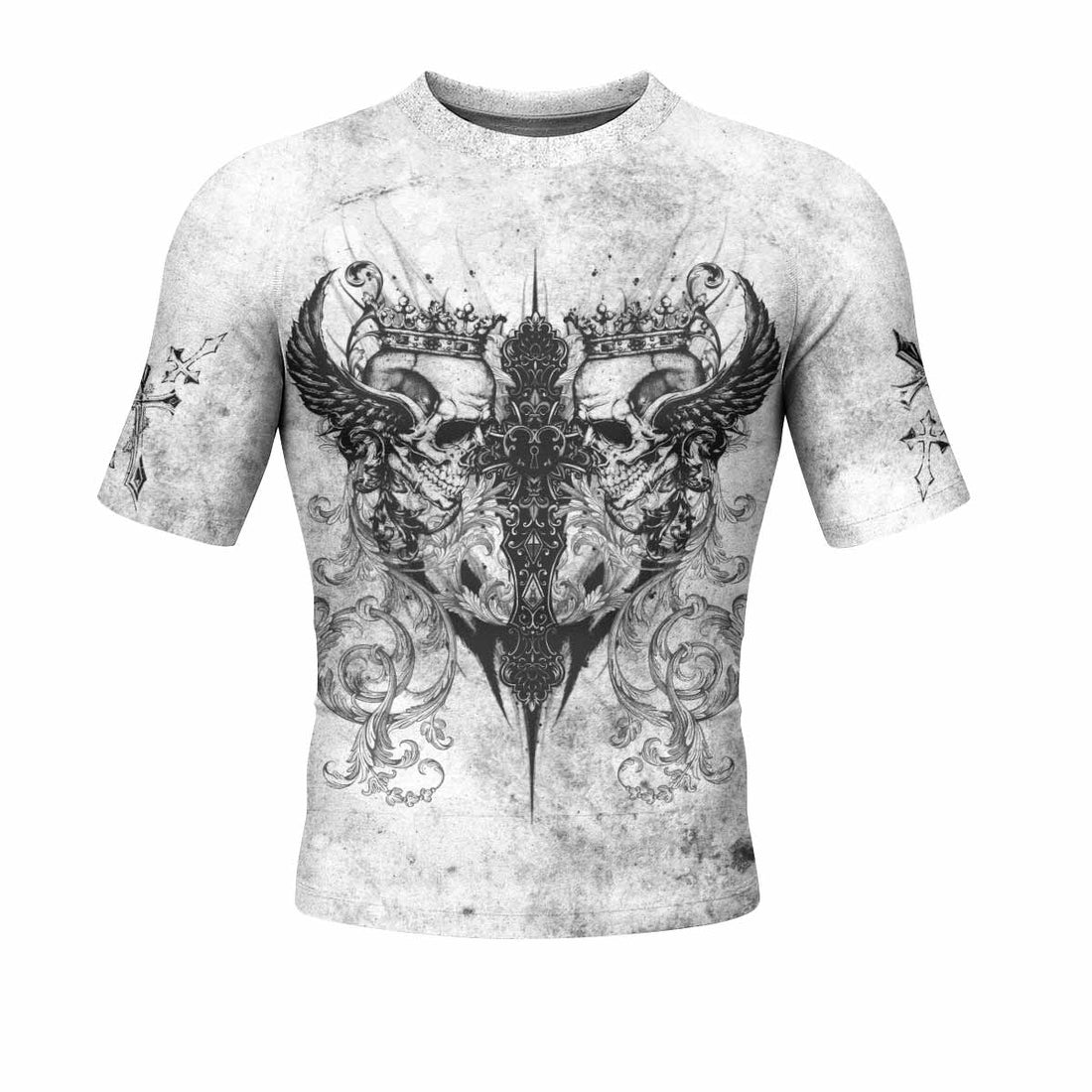 Gothic Angel Cross Men's Rash Guard Short Sleeve - front and back view
