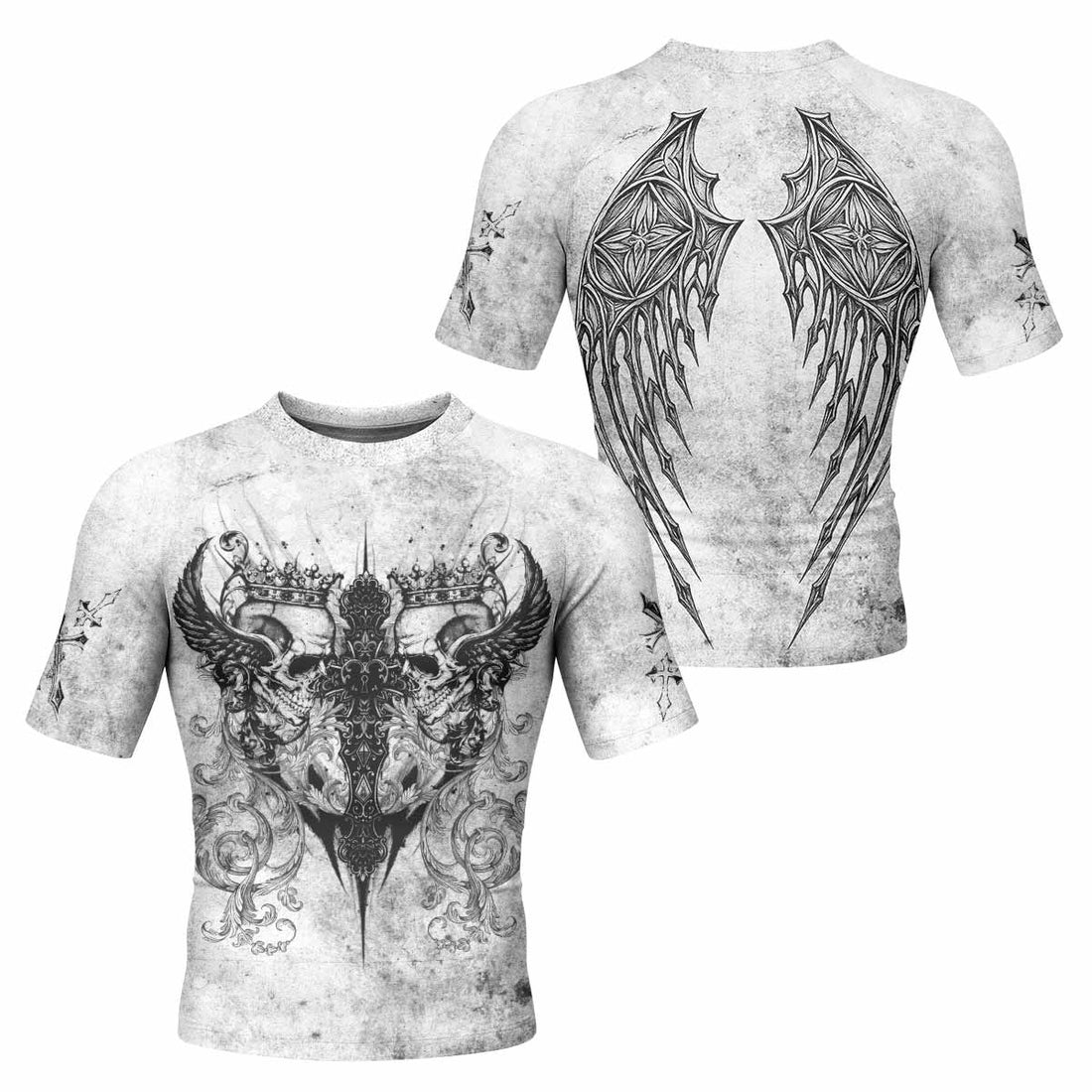 Gothic Angel Cross Men's Rash Guard Short Sleeve - front and back view