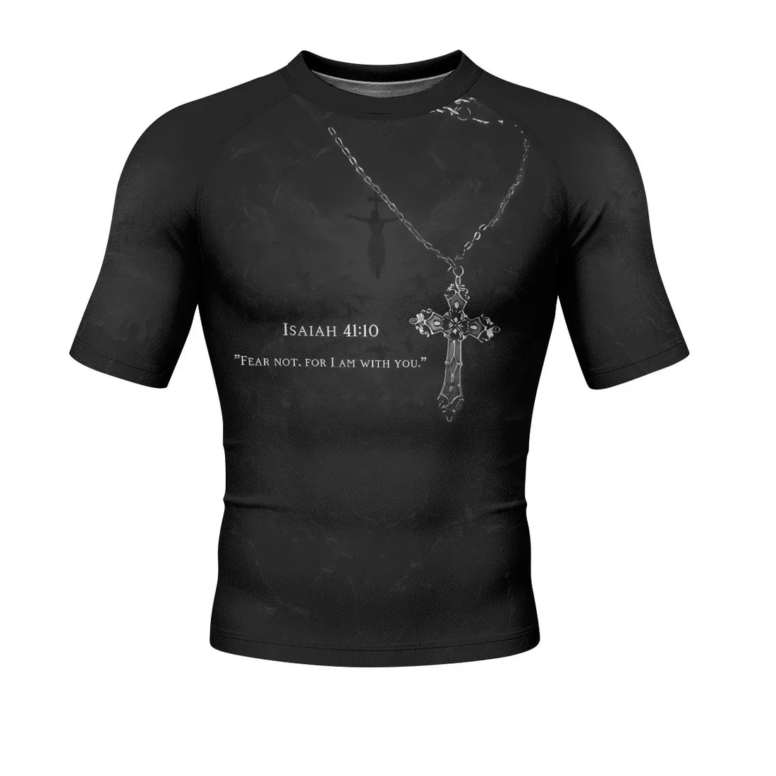 Isaiah 41:10 Fear Not Men’s Short Sleeve Rash Guard - front and back view