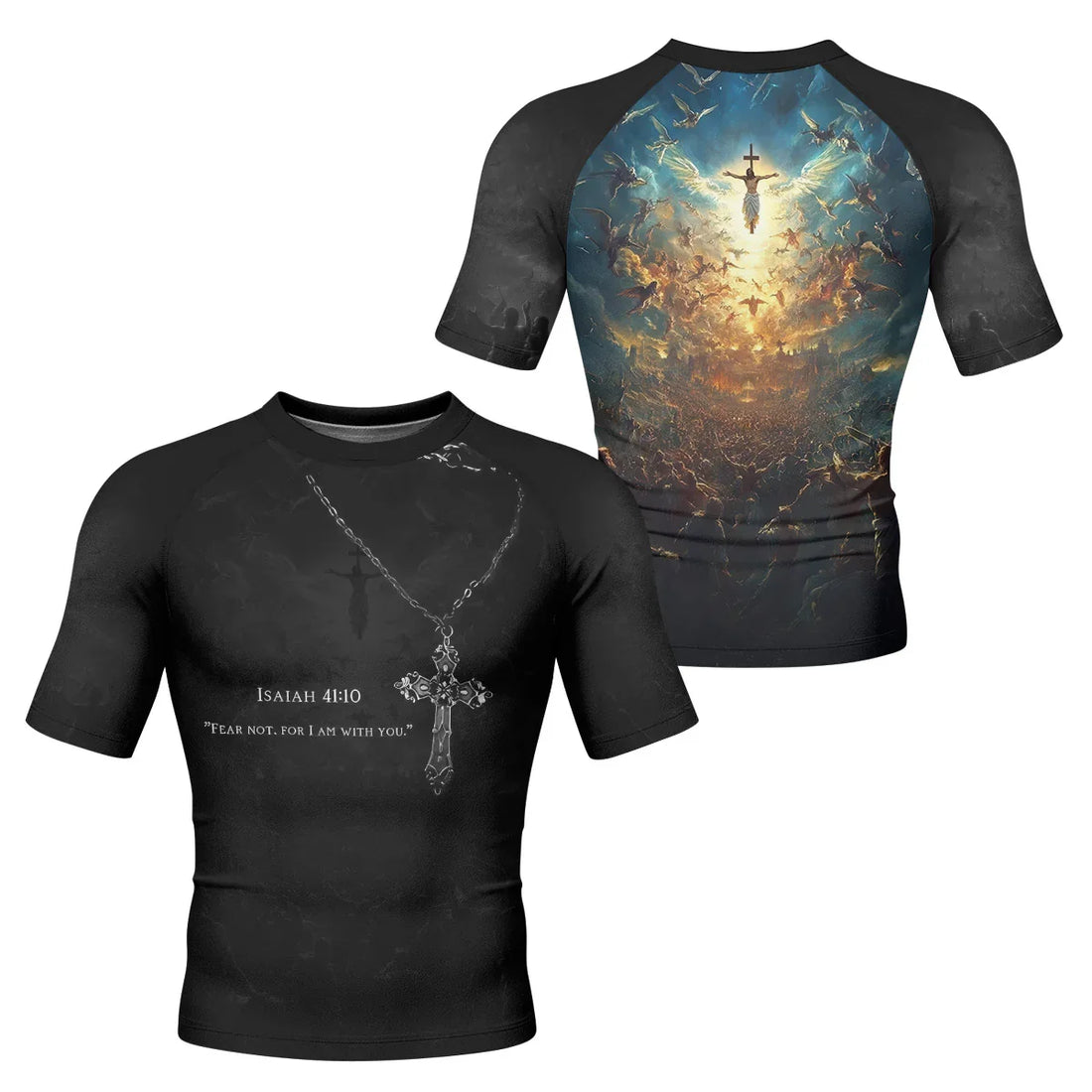 Isaiah 41:10 Fear Not Men’s Short Sleeve Rash Guard - front and back view