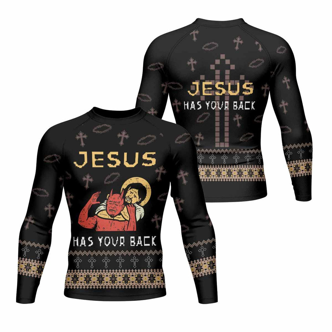 Jesus Has Your Back Men's Rash Guard Long Sleeve - front and back view