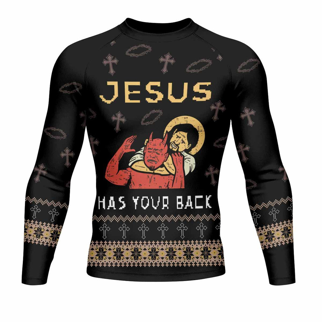 Jesus Has Your Back Men's Rash Guard Long Sleeve - front and back view