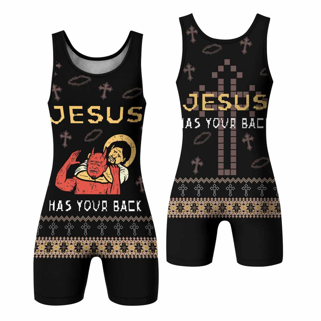 Jesus Has Your Back Wrestling Singlet - front and back view