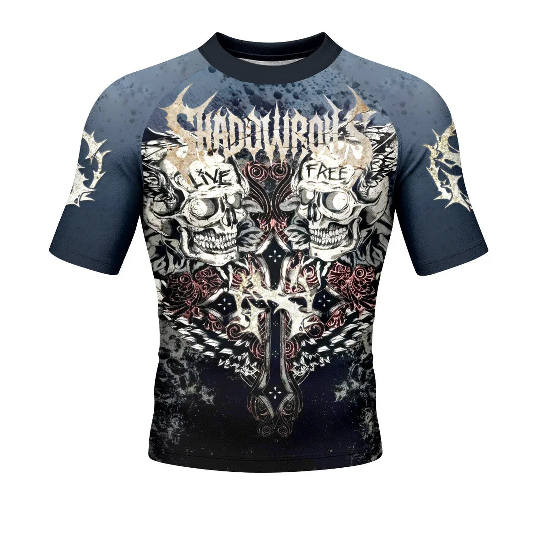 Live Free Warrior Men’s Short Sleeve Rash Guard - front and back view