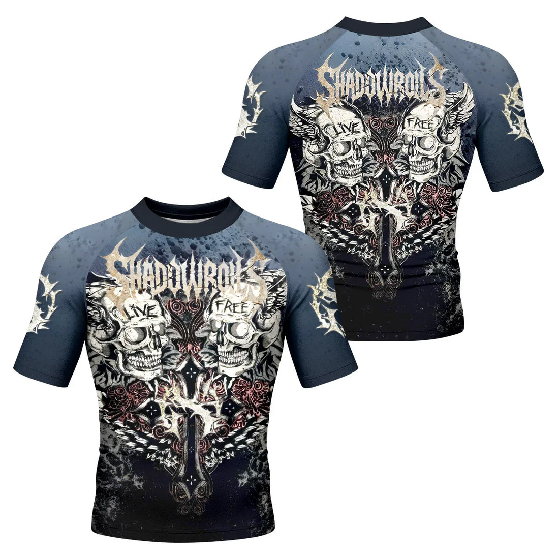 Live Free Warrior Men’s Short Sleeve Rash Guard - front and back view