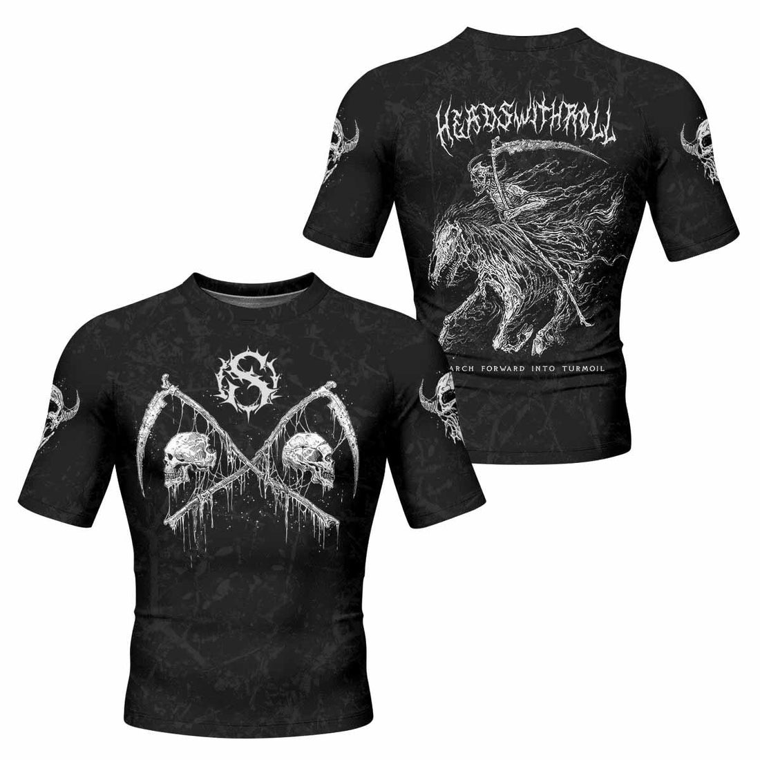 March Into Turmoil Men’s Short Sleeve Rash Guard - front and back view