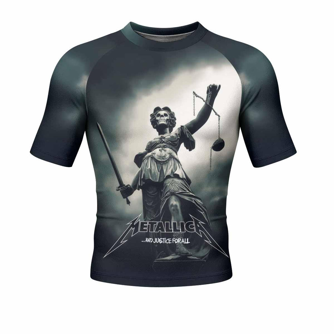 Metallica And Justice For All Men's Rash Guard Short Sleeve - front and back view