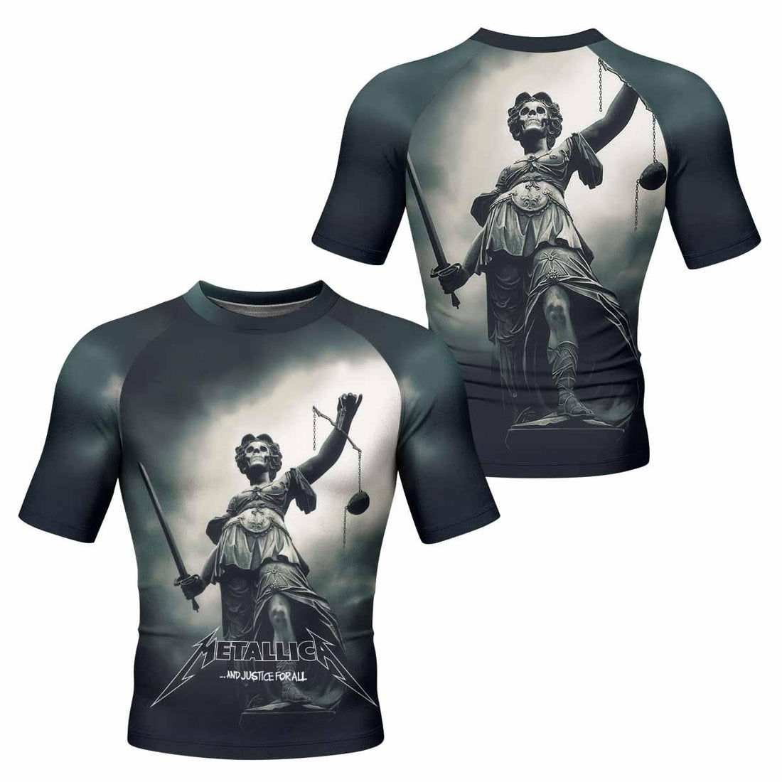 Metallica And Justice For All Men's Rash Guard Short Sleeve - front and back view