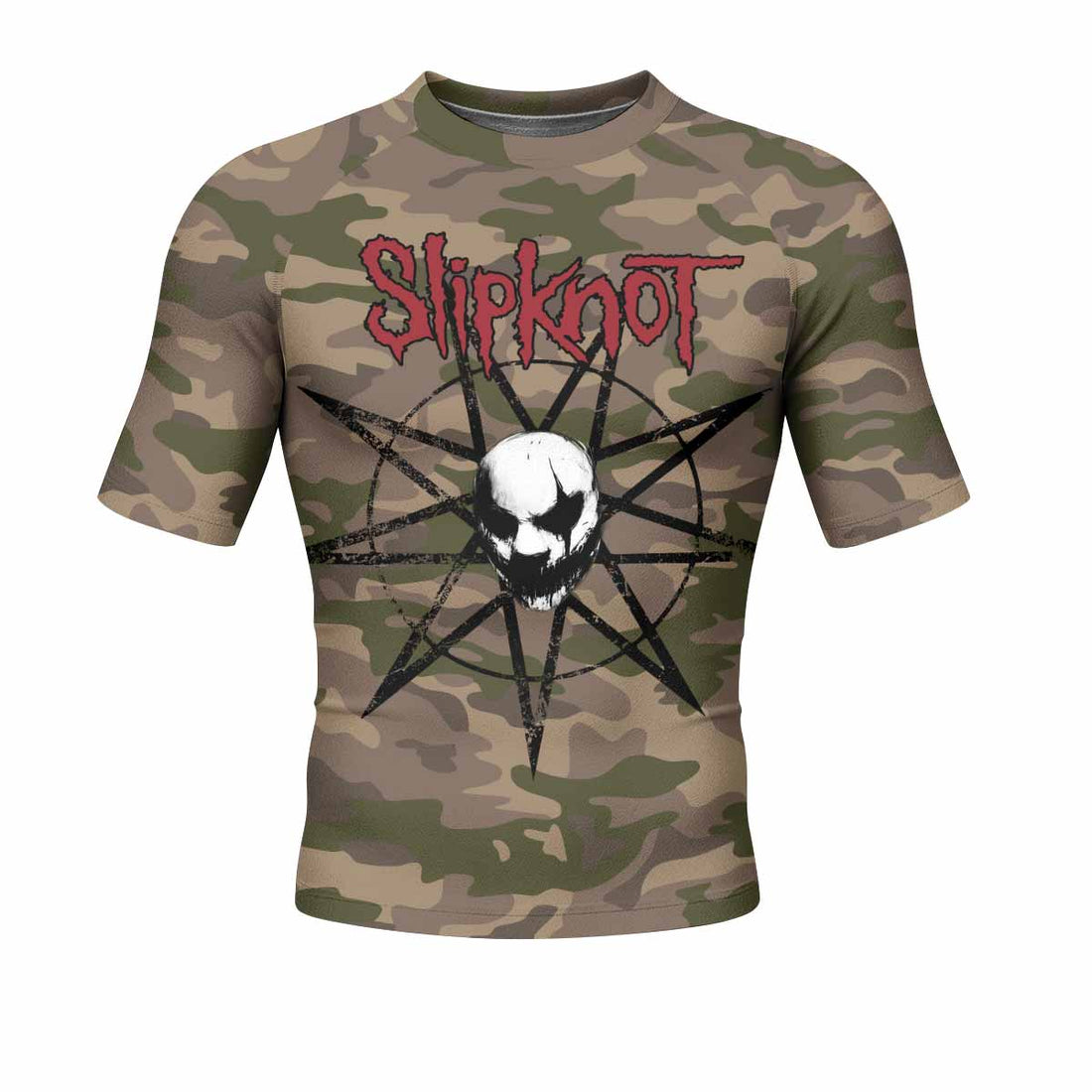 Slipknot Mask Camo Men's Rash Guard Short Sleeve - front and back view