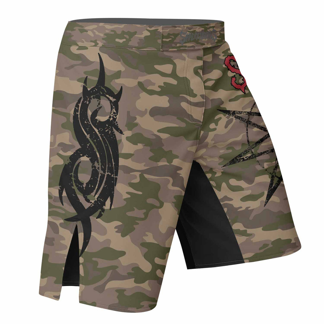 Slipknot Mask Camo Fight Shorts - right side mockup