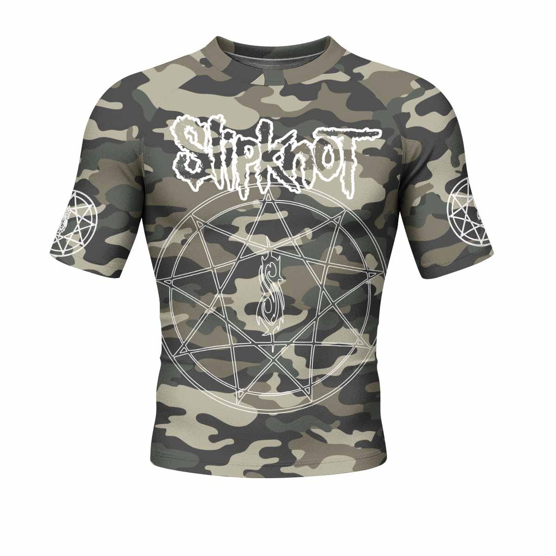 Slipknot Pentagram Camo Men's Rash Guard Short Sleeve - front and back view