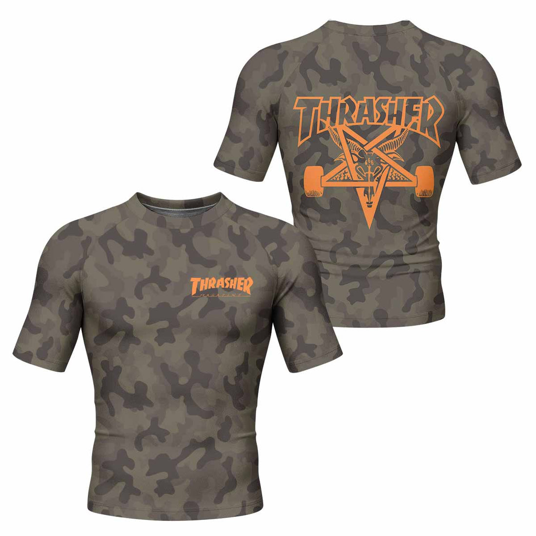 Thrasher Camo Men's Rash Guard Short Sleeve - front and back view