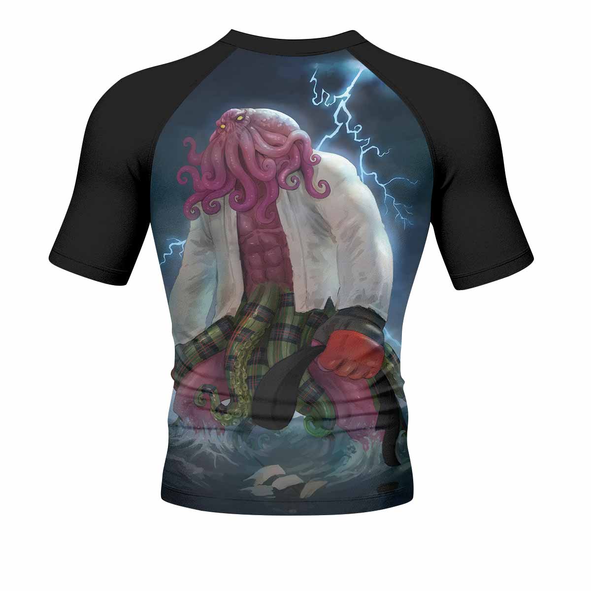 Black Ranked Cthulhu Men's Rash Guard Short Sleeve – back view mockup 