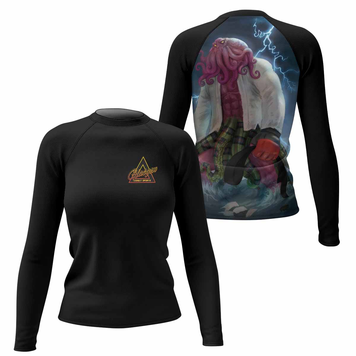 Black Ranked Cthulhu Women's Rash Guard Long Sleeve – front and back view