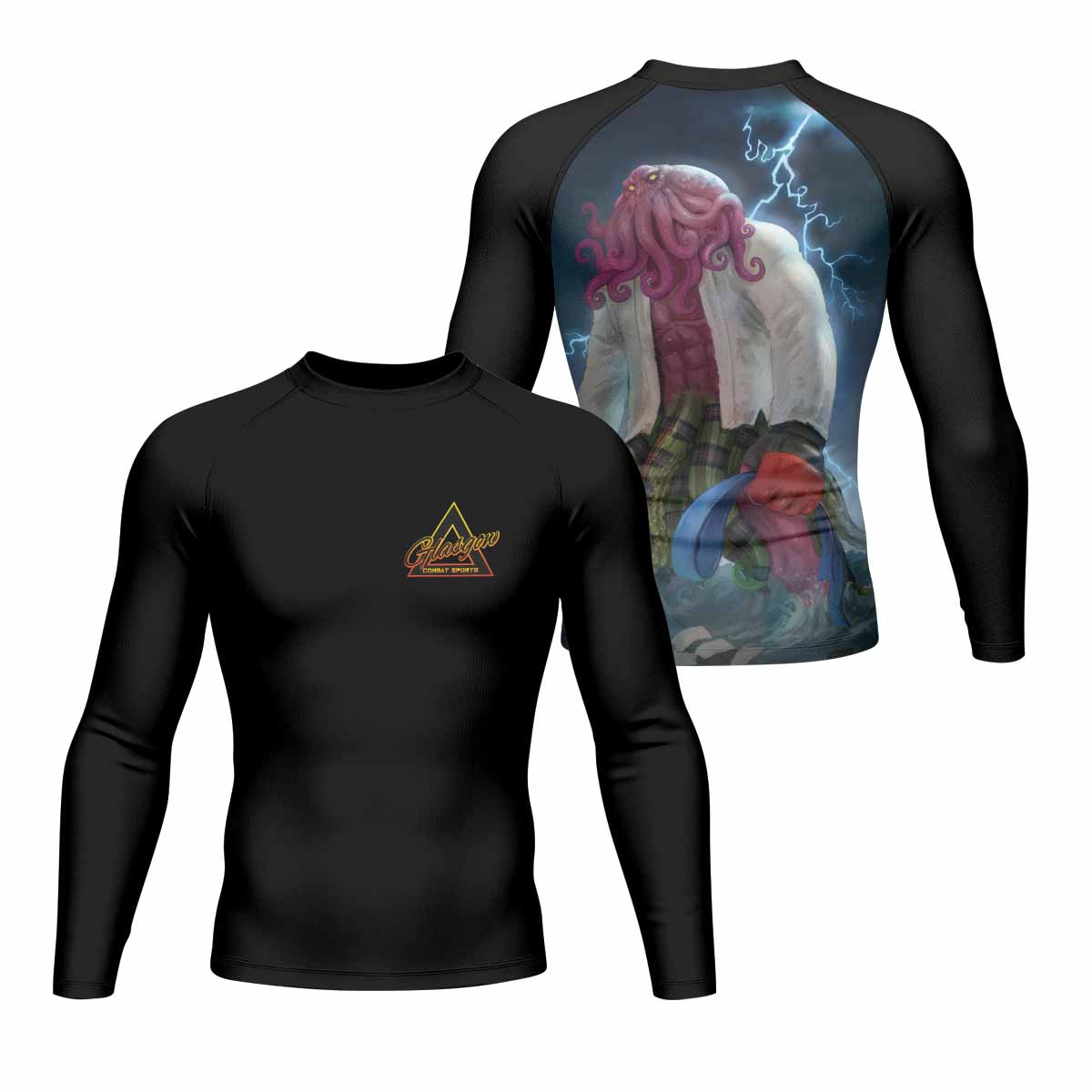 Blue Ranked Cthulhu Men's Rash Guard Long Sleeve – front and back view