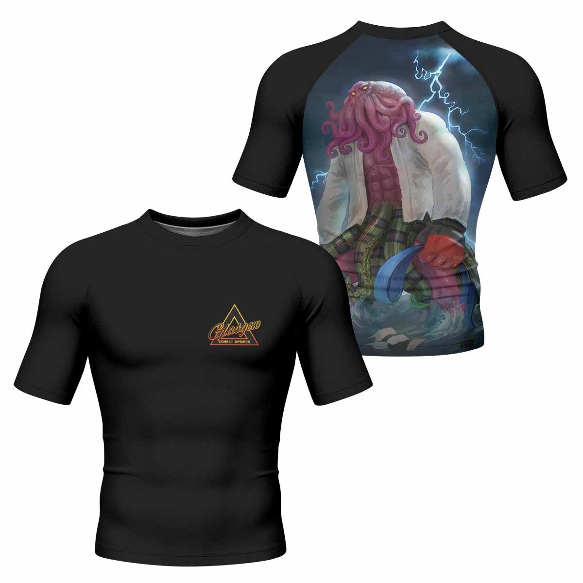 Blue Ranked Cthulhu Men's Rash Guard Short Sleeve – front and back view