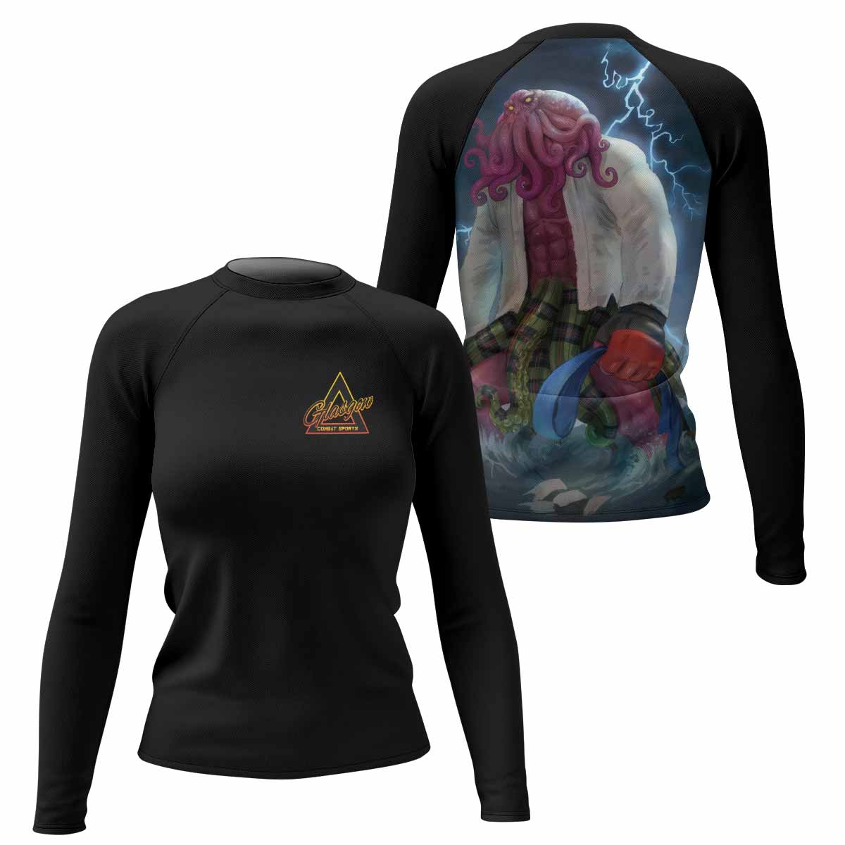 Blue Ranked Cthulhu Women's Rash Guard Long Sleeve – front and back view