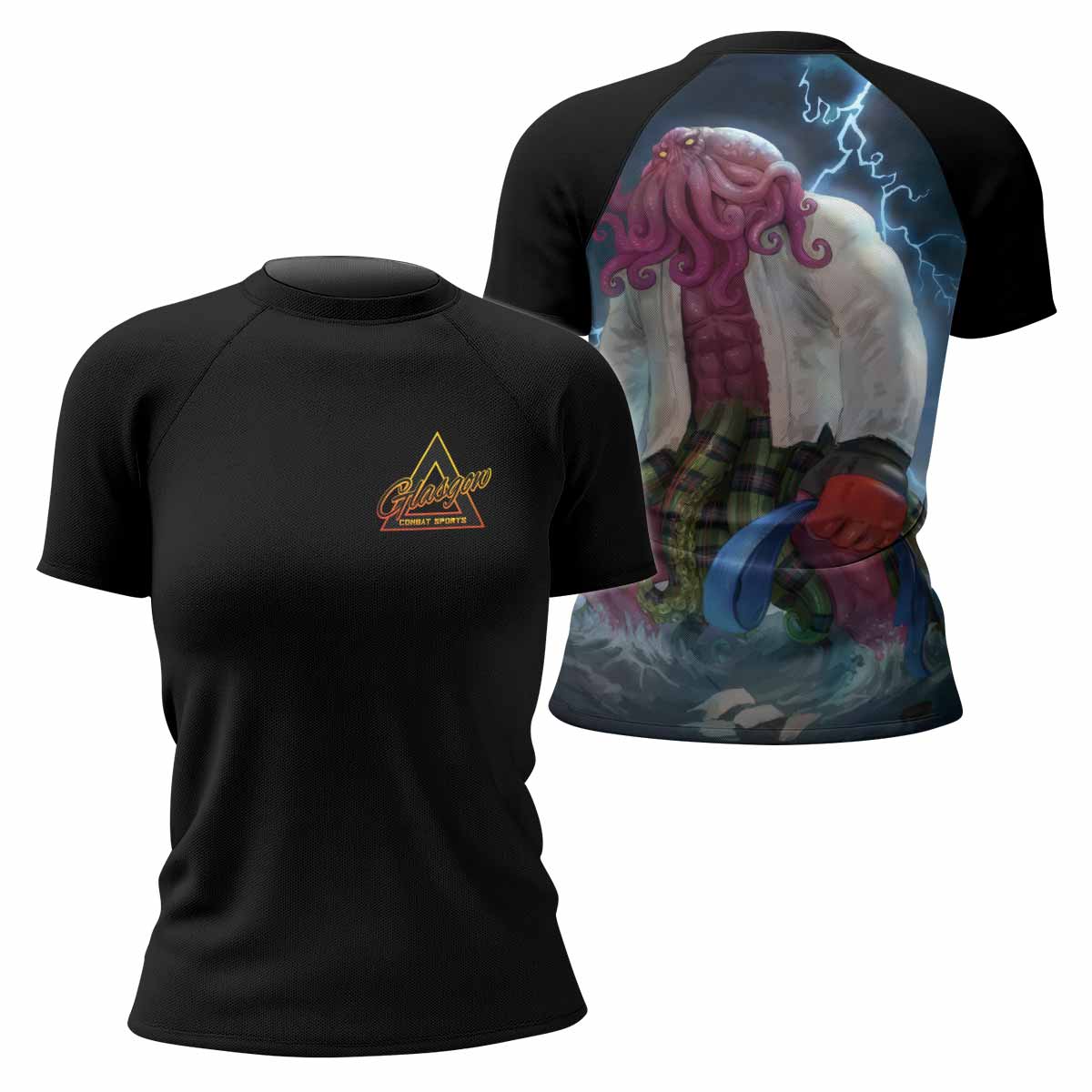 Blue Ranked Cthulhu Women's Rash Guard Short Sleeve – front and back view