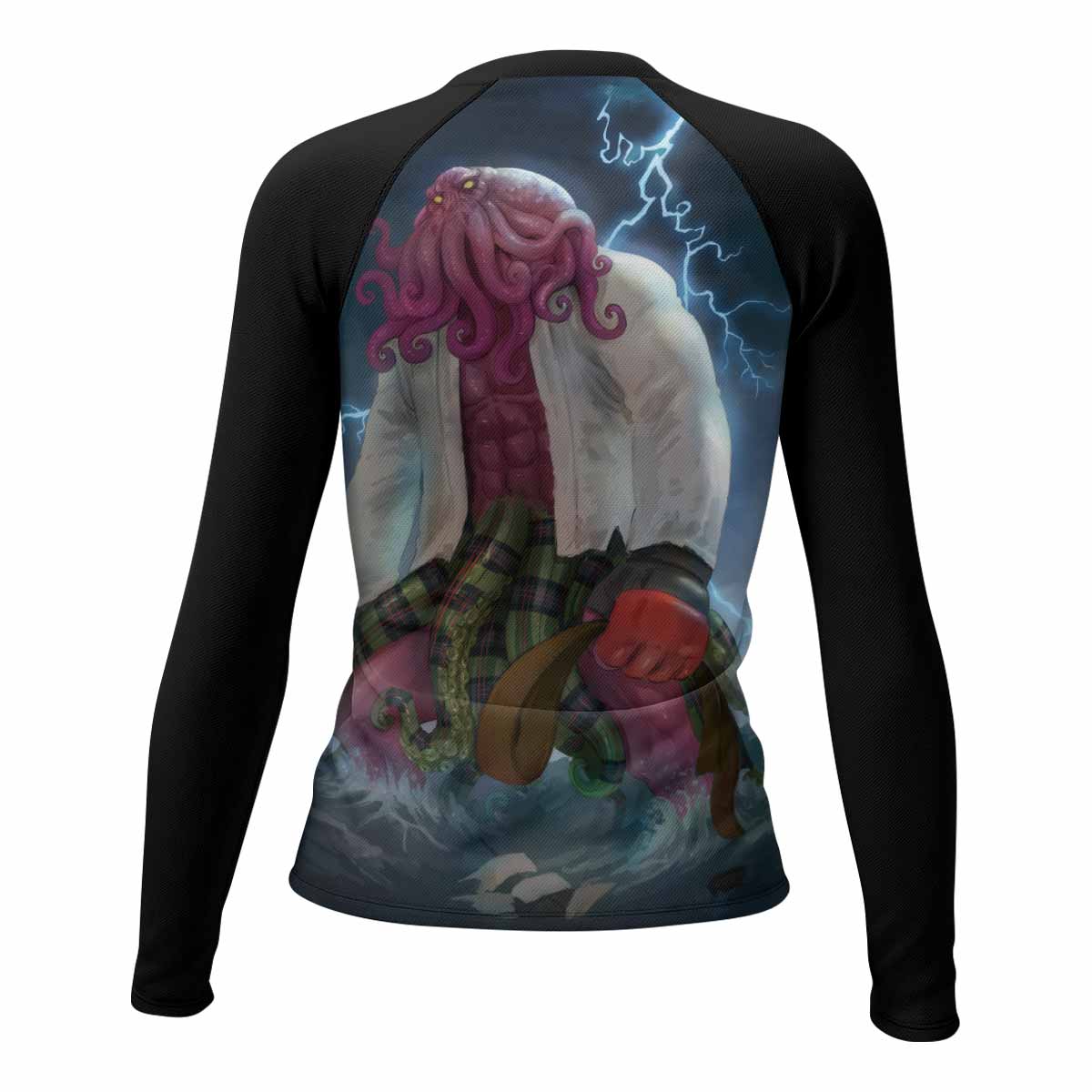 Brown Ranked Cthulhu Women's Rash Guard Long Sleeve – back view mockup 
