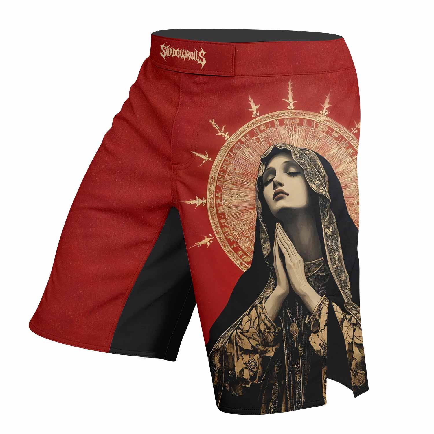 Mother of Sorrows Fight Shorts - left side mockup