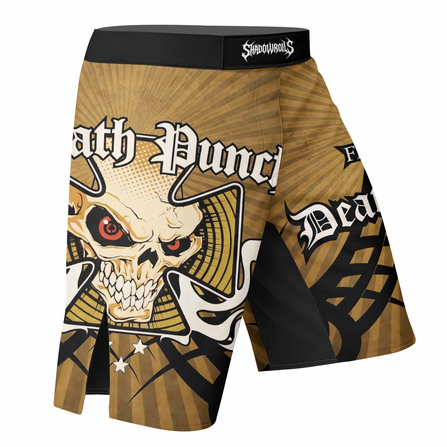 Five Finger Death Punch Gold V Fight Shorts - right side mockup