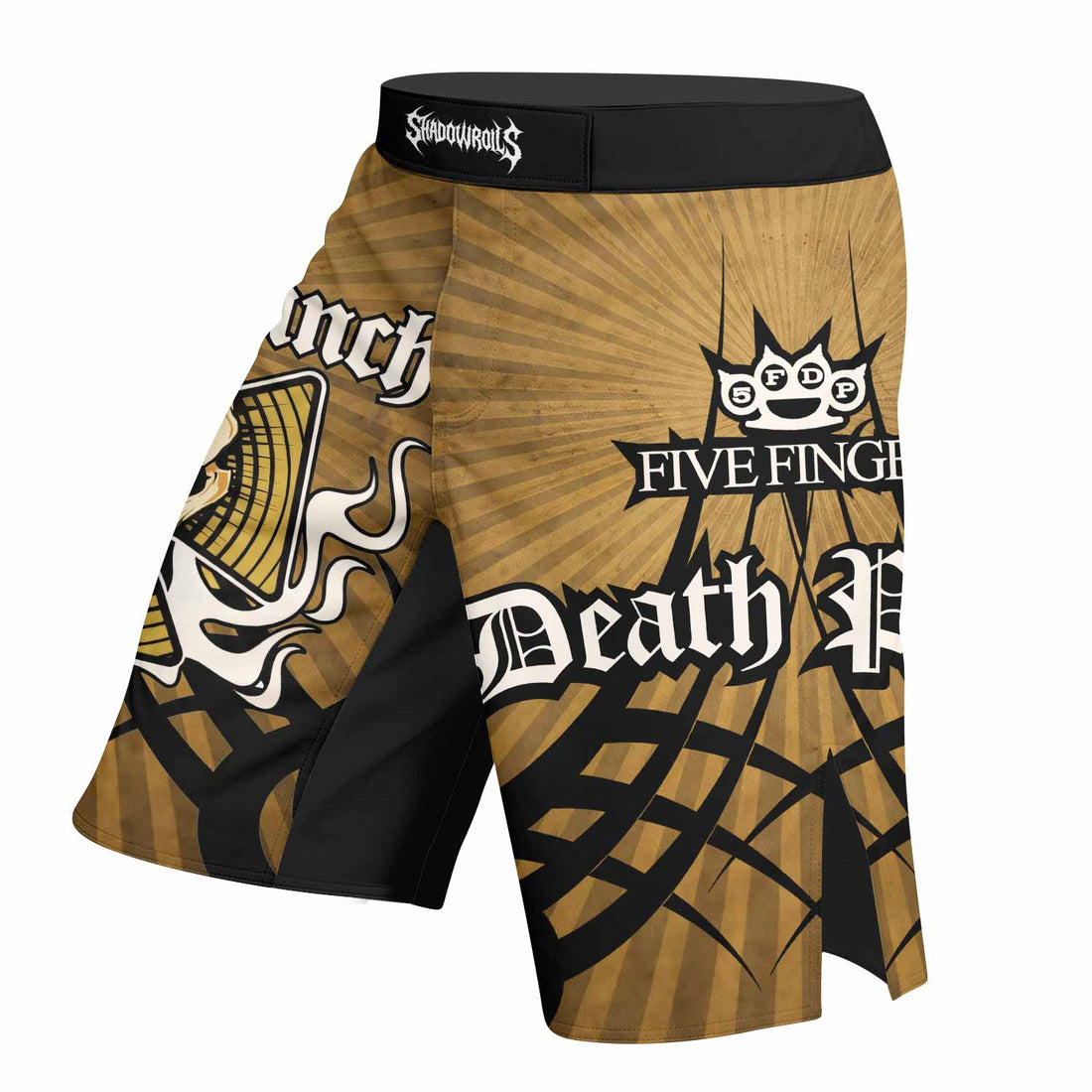 Five Finger Death Punch Gold V Fight Shorts - right side mockup