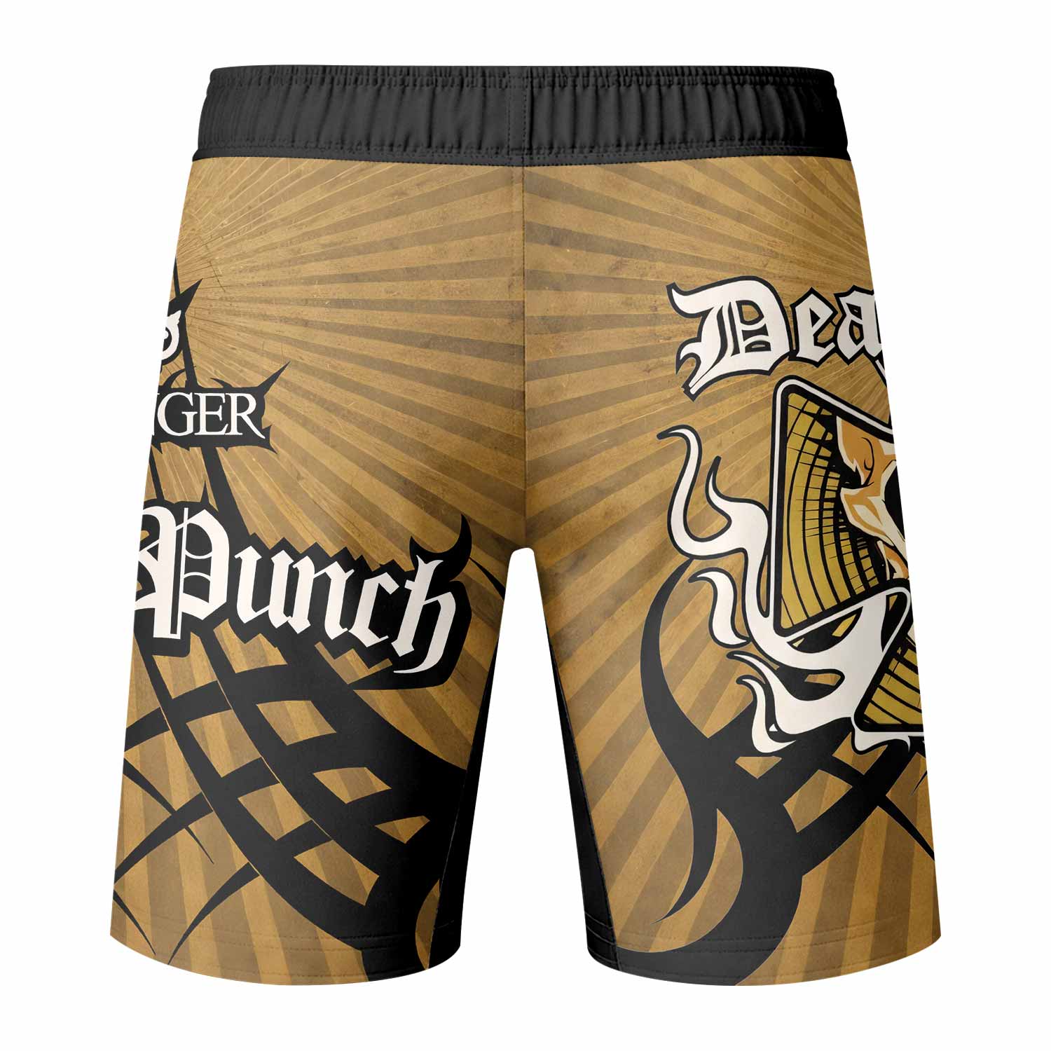 Five Finger Death Punch Gold V Fight Shorts - back view mockup