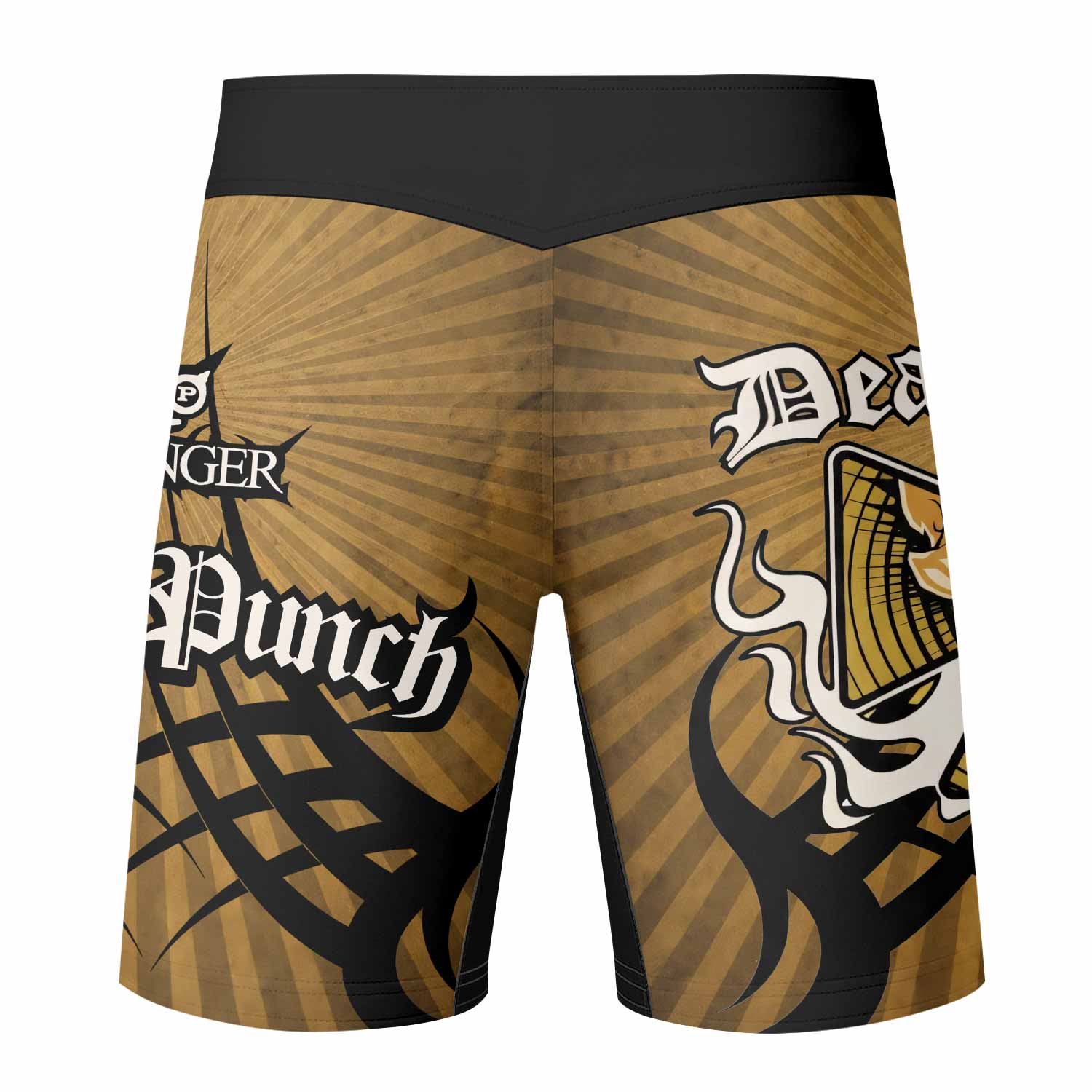 Five Finger Death Punch Gold V Fight Shorts - back view mockup