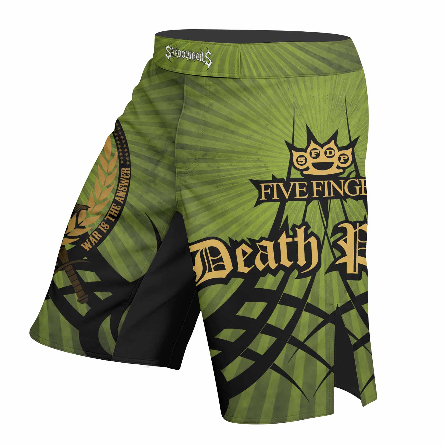 Five Finger Death Punch Green V Fight Shorts - left side mockup