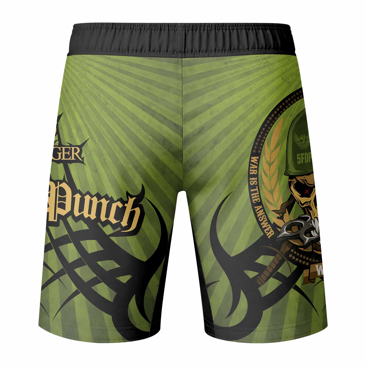 Five Finger Death Punch Green V Fight Shorts - back view mockup