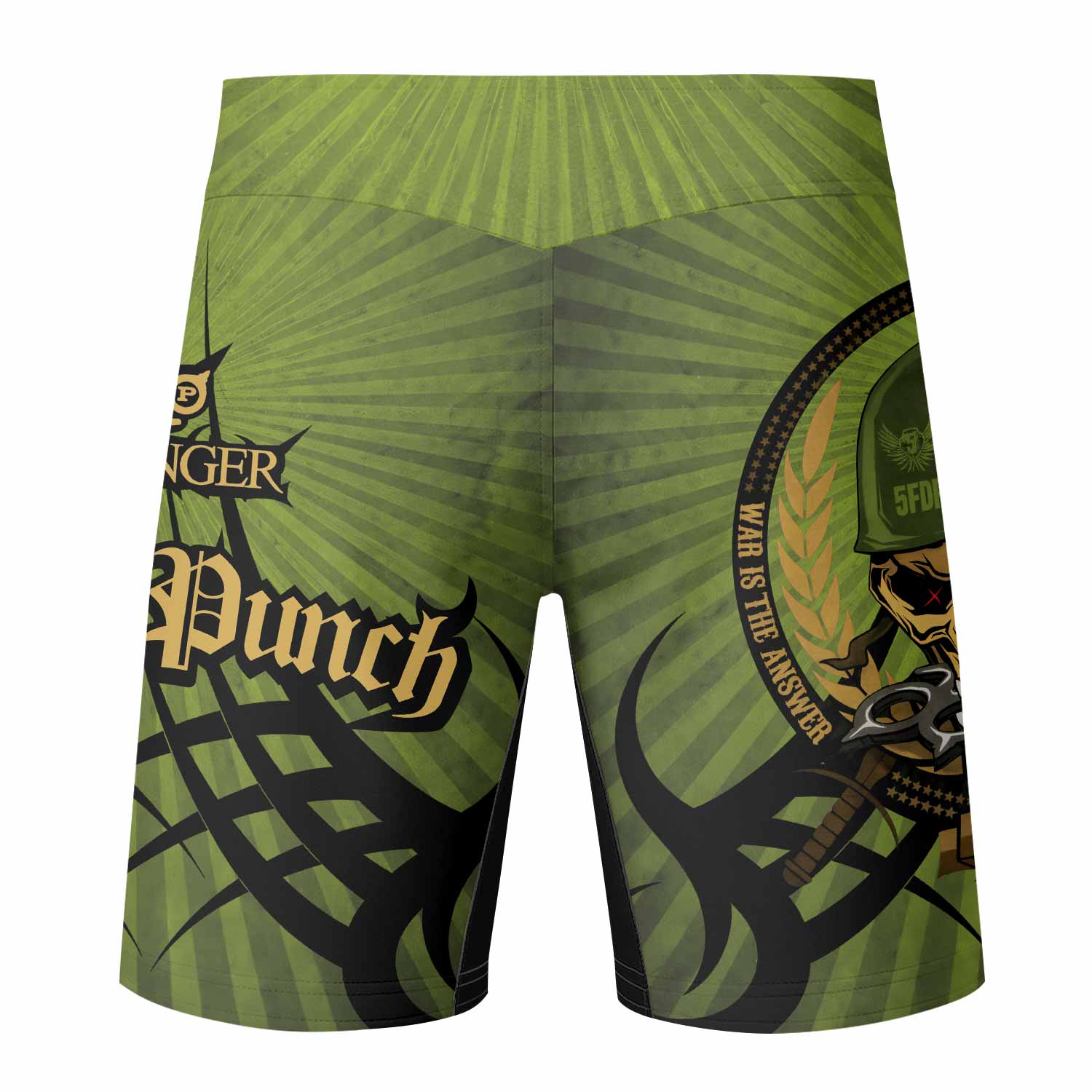 Five Finger Death Punch Green V Fight Shorts - back view mockup