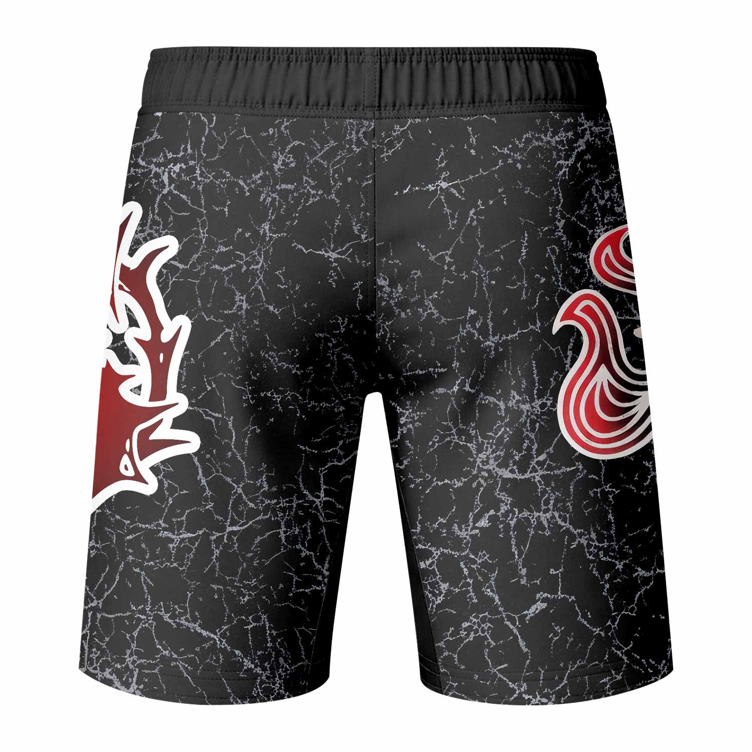 Crimson Faith Cross Fight Shorts - back view mockup