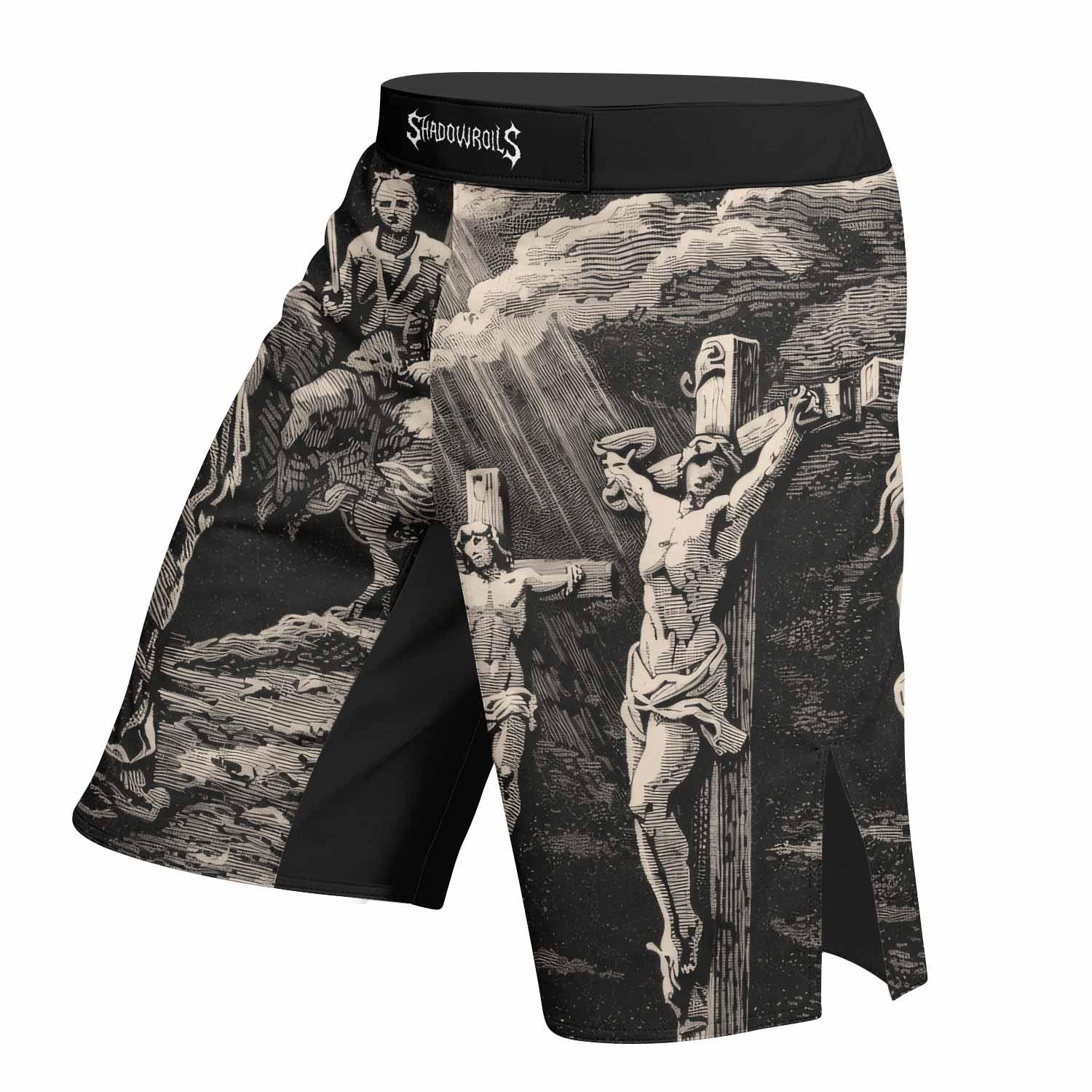 By His Stripes We Are Healed Fight Shorts - left side mockup