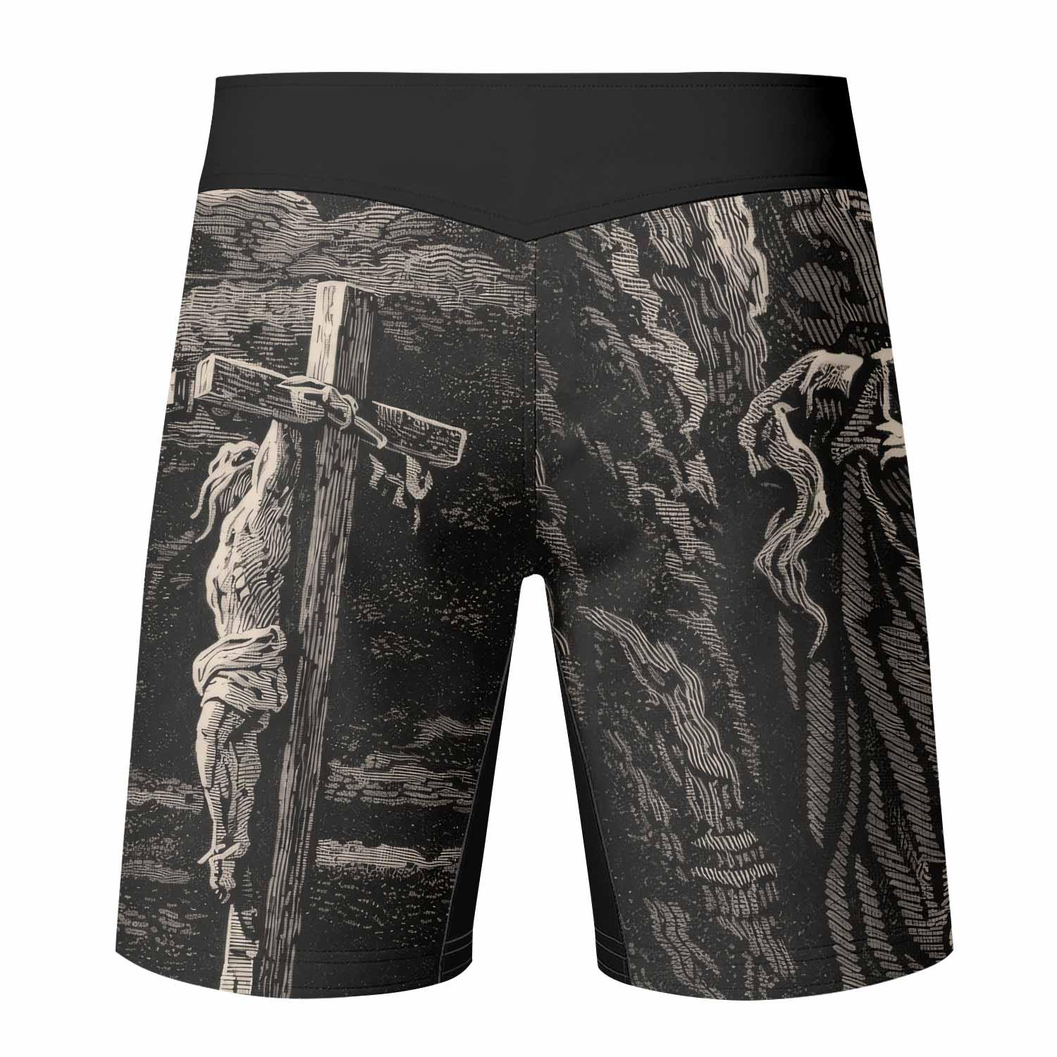 By His Stripes We Are Healed Fight Shorts - back view mockup