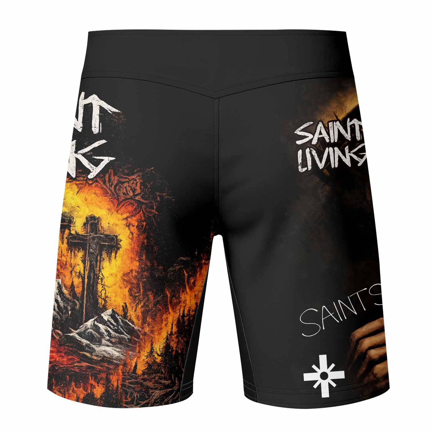 Saint Living Fight Shorts - back view mockup