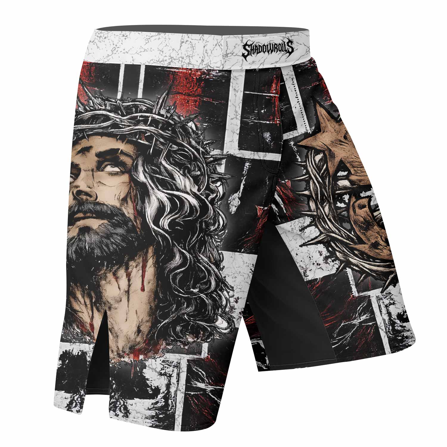 Man of Sorrows Fight Shorts - right side mockup
