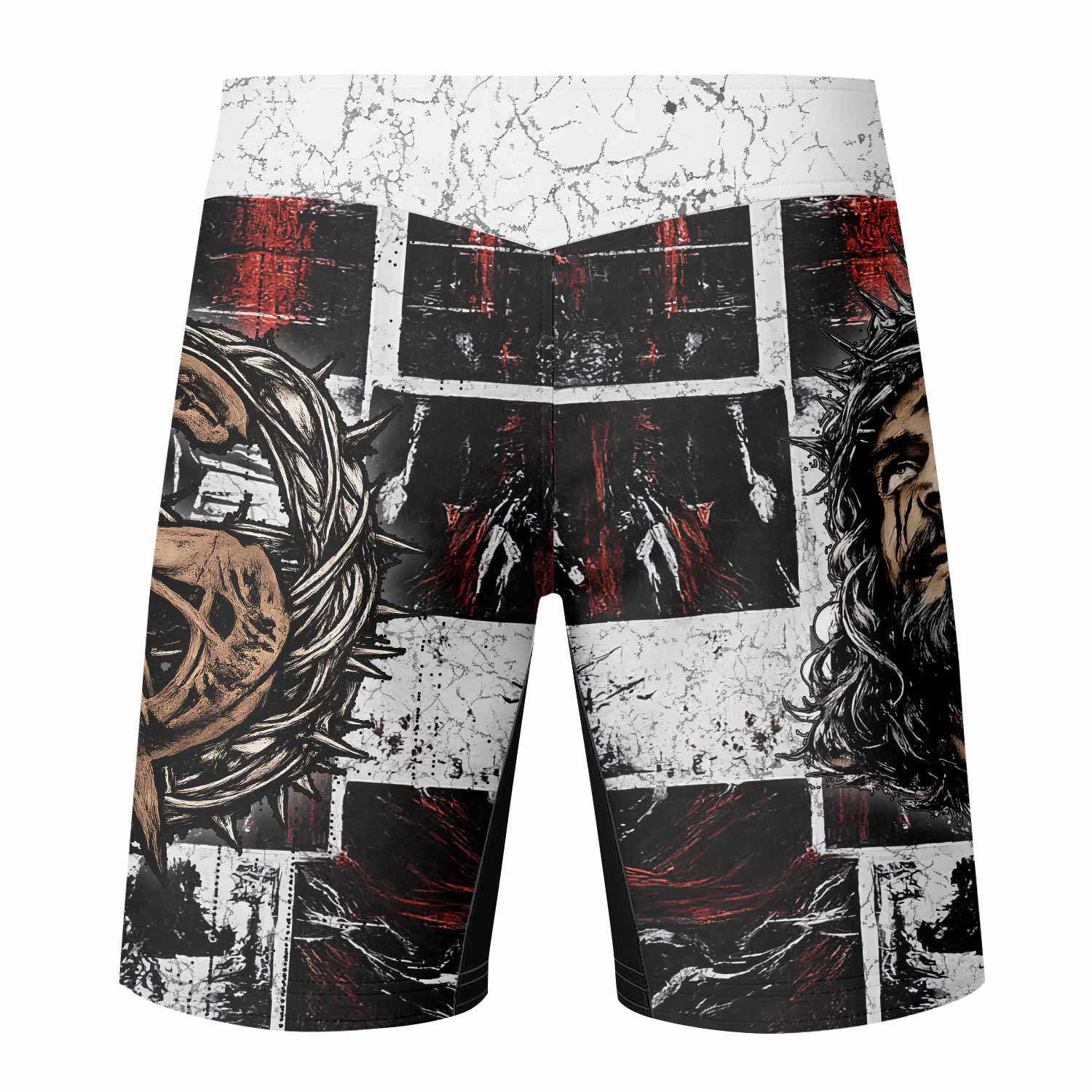 Man of Sorrows Fight Shorts - back view mockup