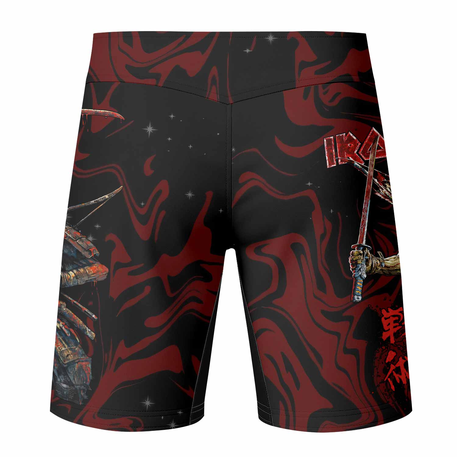 Iron Maiden Senjutsu Samurai Eddie Fight Shorts - back view mockup