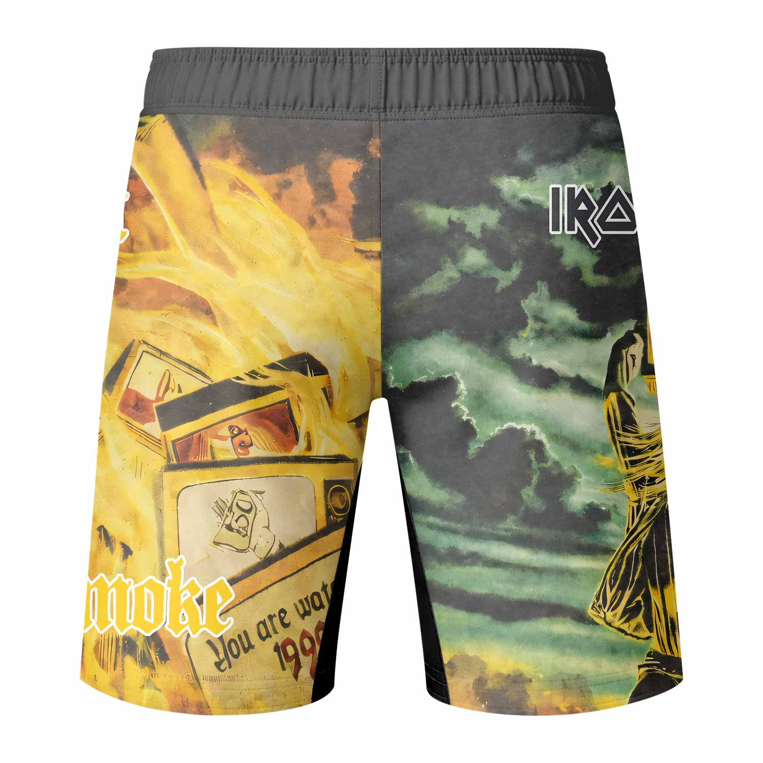 Iron Maiden Holy Smoke Fight Shorts - back view mockup