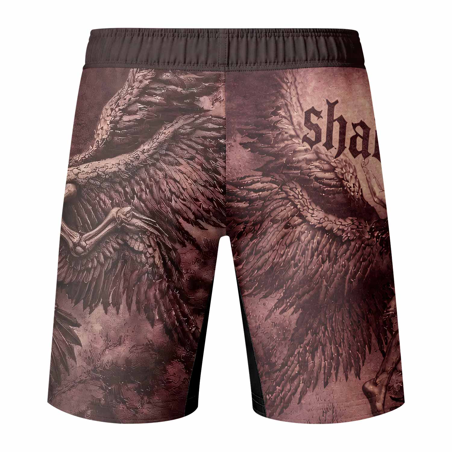 Bones of Grace Dark Angel Fight Shorts - back view mockup