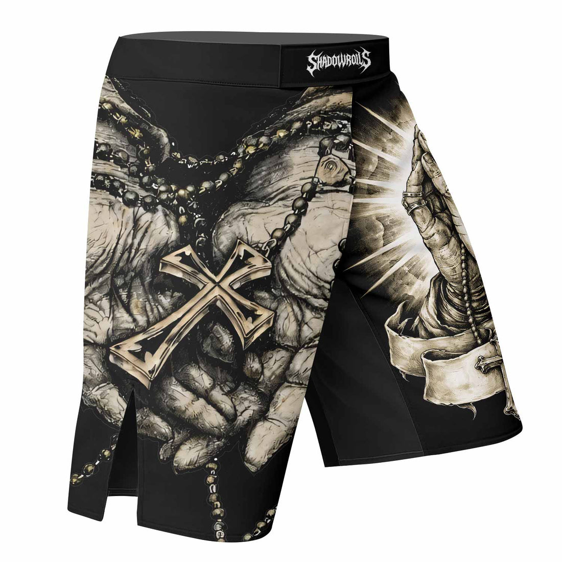 Praying Hands Skull Fight Shorts - right side mockup
