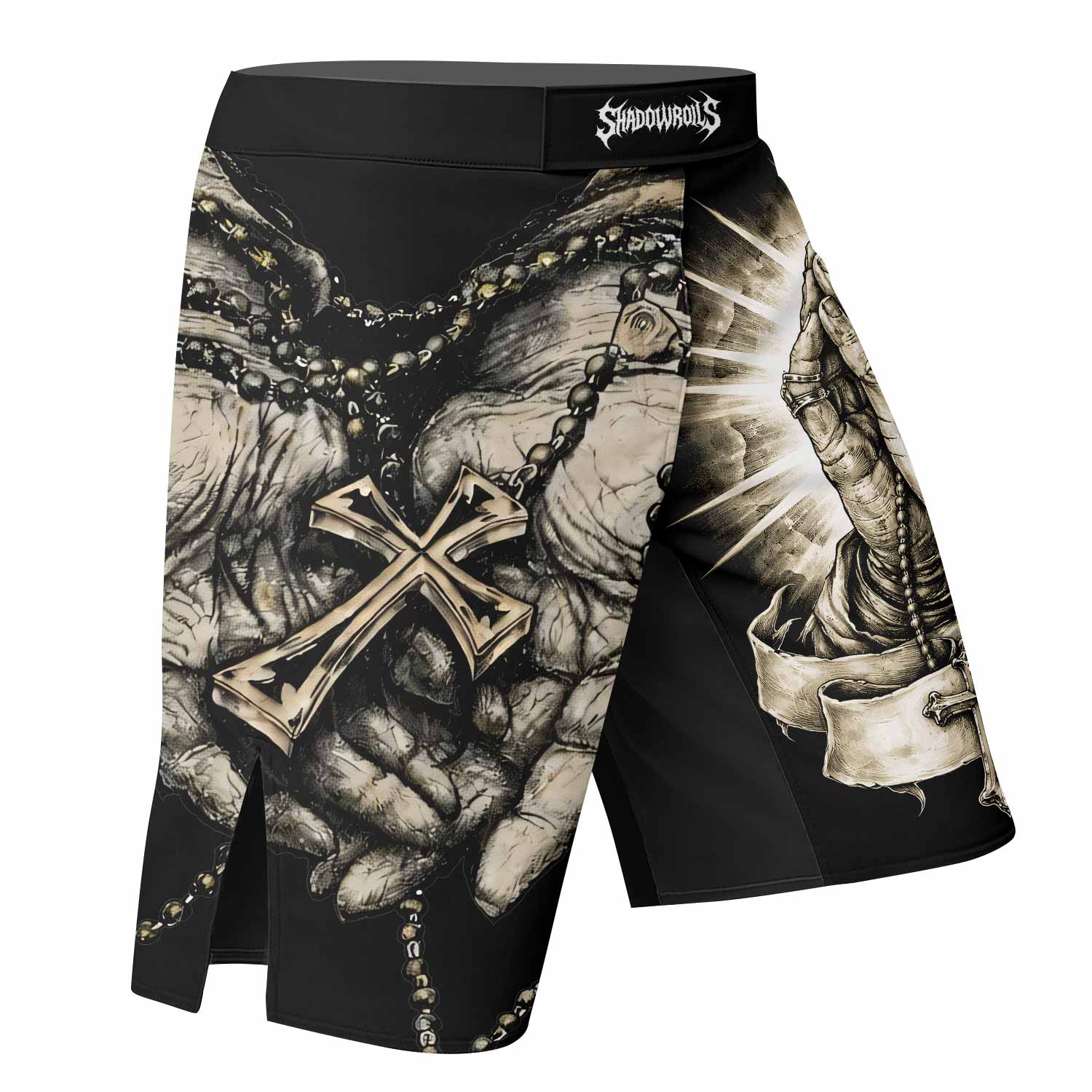 Praying Hands Skull Fight Shorts - right side mockup