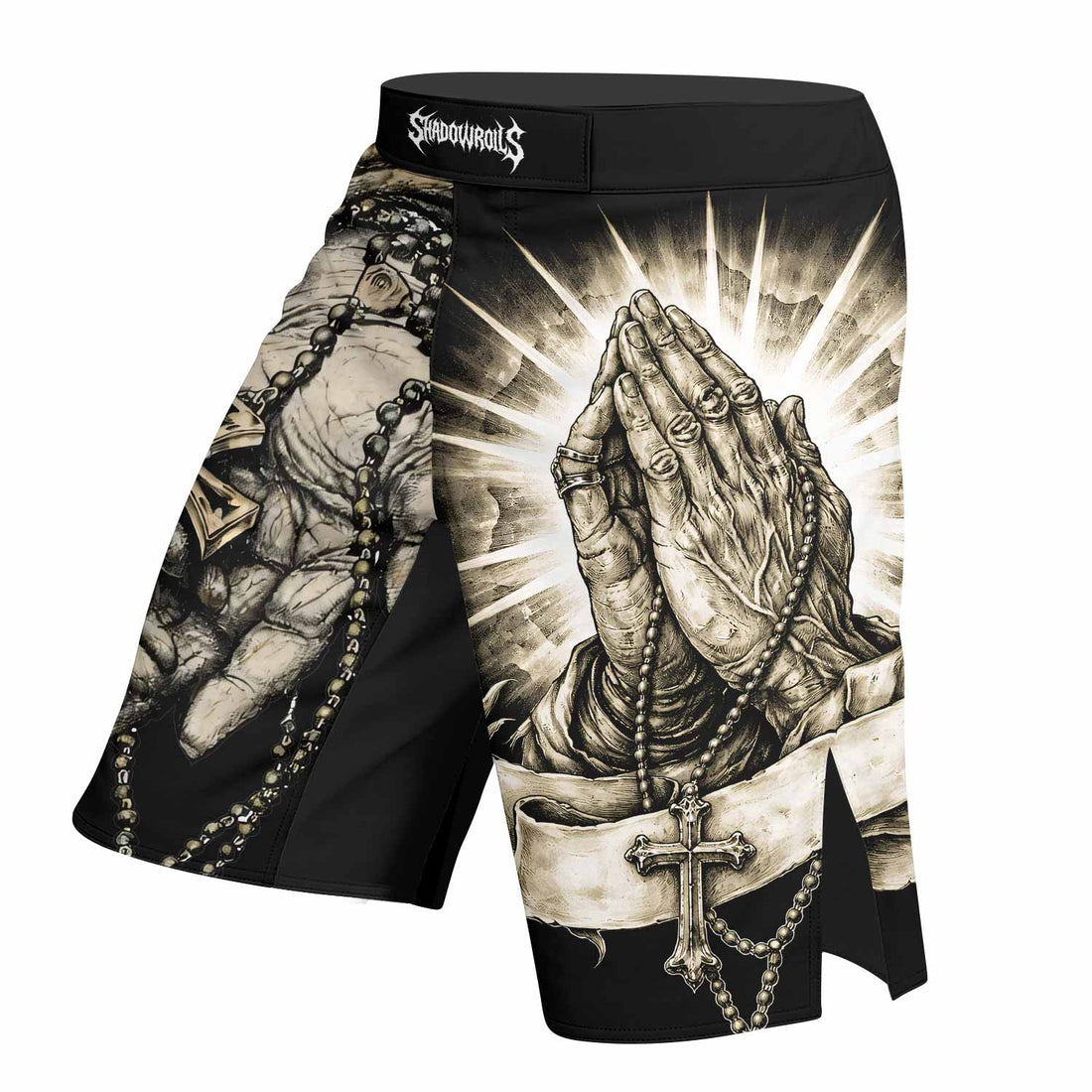 Praying Hands Skull Fight Shorts - right side mockup