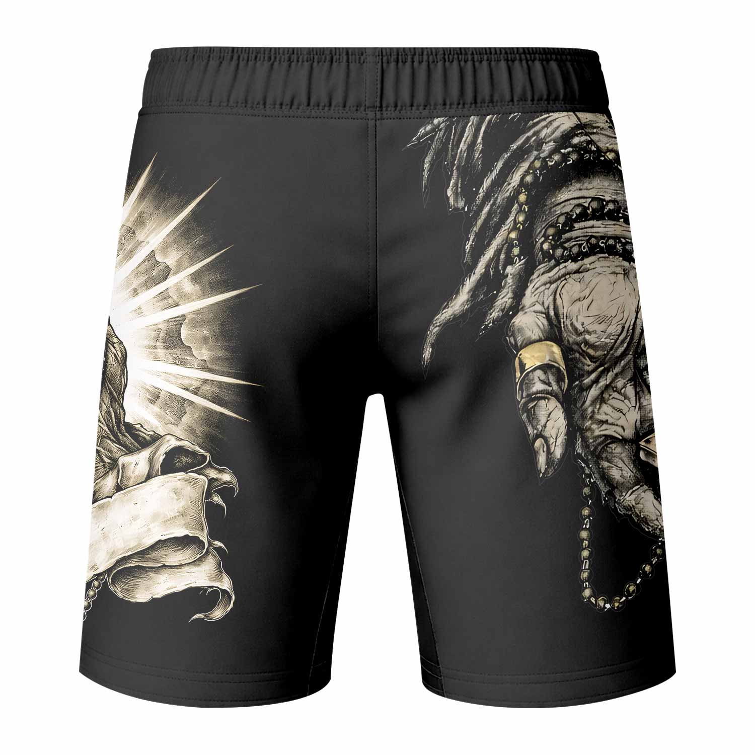 Praying Hands Skull Fight Shorts - back view mockup