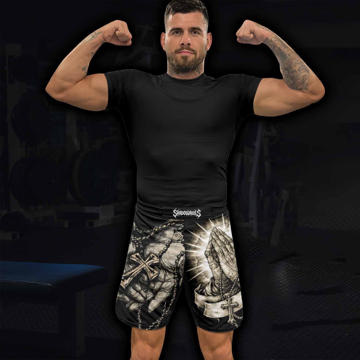Praying Hands Skull Fight Shorts - lifestyle view