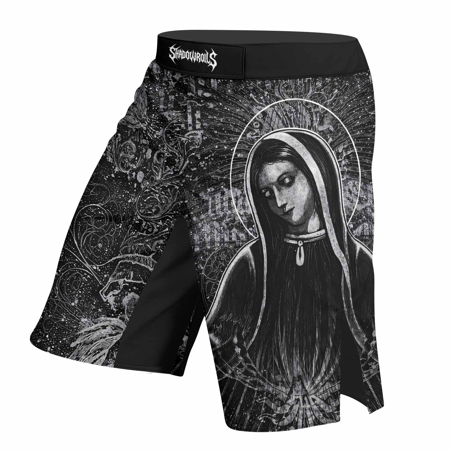 Virgin Mary Fight Shorts - left side mockup