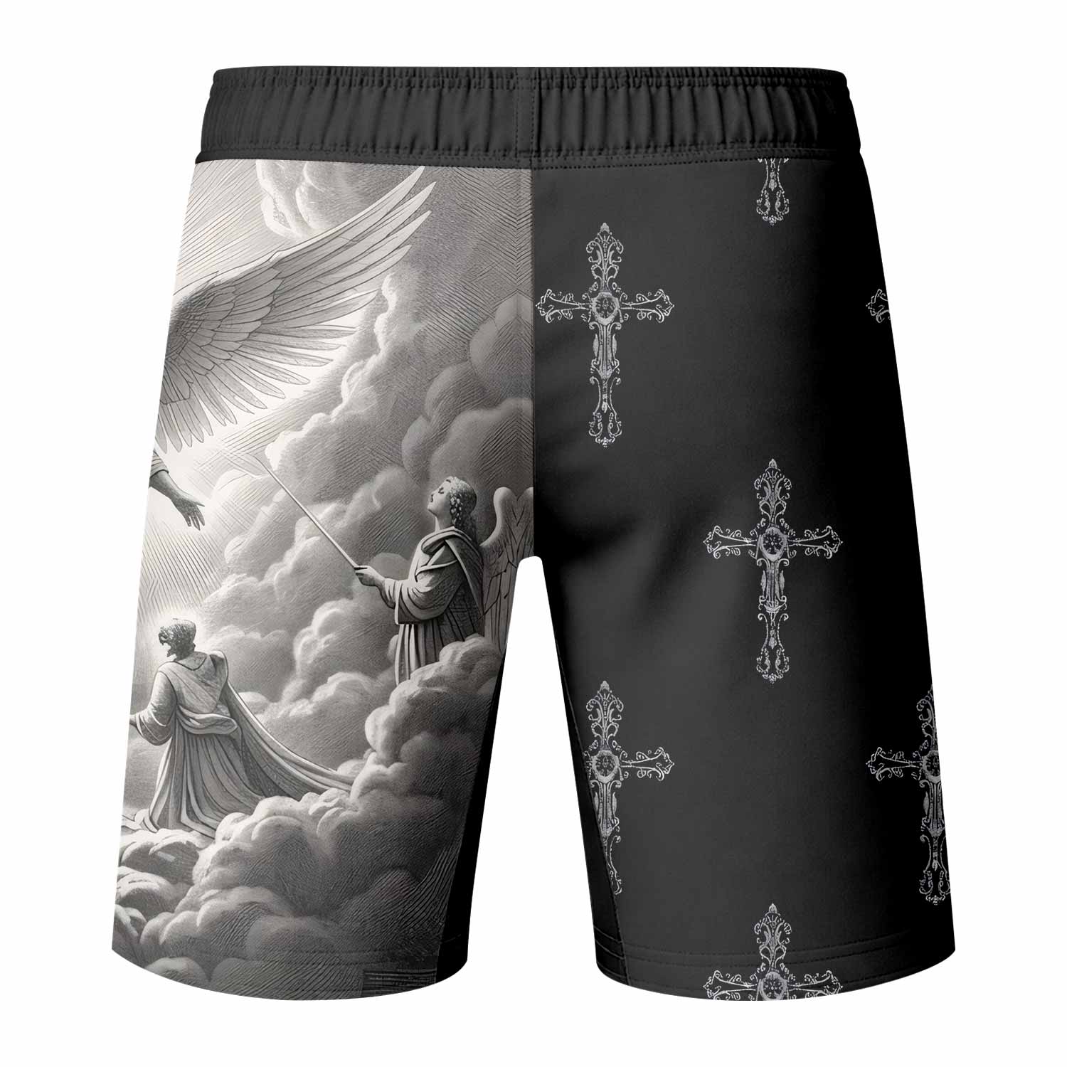 Jesus Saves Angel Ascension Fight Shorts - back view mockup